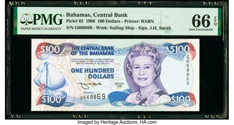 Bahamas Central Bank 100 Dollars 1996 Pick 62 PMG Gem Uncirculated 66 EPQ. The 1...