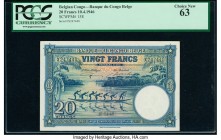 Belgian Congo Banque du Congo Belge 20 Francs 10.04.1946 Pick 15E PCGS Choice New 63. Beautiful designs and color schemes are a hallmark of this bankn...