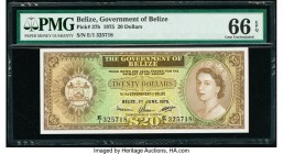 Belize Government of Belize 20 Dollars 1.6.1975 Pick 37b PMG Gem Uncirculated 66 EPQ. Fantastic, pack fresh originality is seen on this highest denomi...