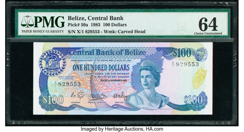 Belize Central Bank 100 Dollars 1983 Pick 50a PMG Choice Uncirculated 64. Vivid ...