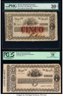 Brazil Thesouro Nacional 5 Mil Reis ND (1860-68) Pick A237; A237s Issued Note and Specimen PMG Very Fine 30 Net; PCGS Apparent About New 50. Two hands...