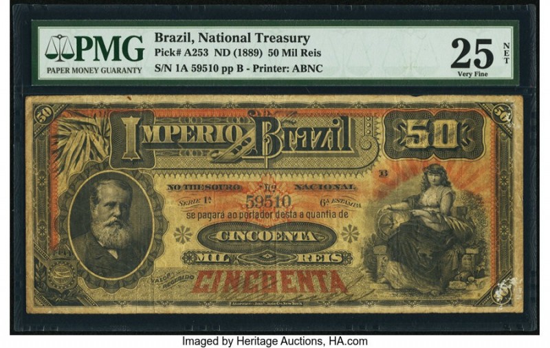 Brazil Thesouro Nacional 50 Mil Reis ND (1889) Pick A253 PMG Very Fine 25 Net. T...