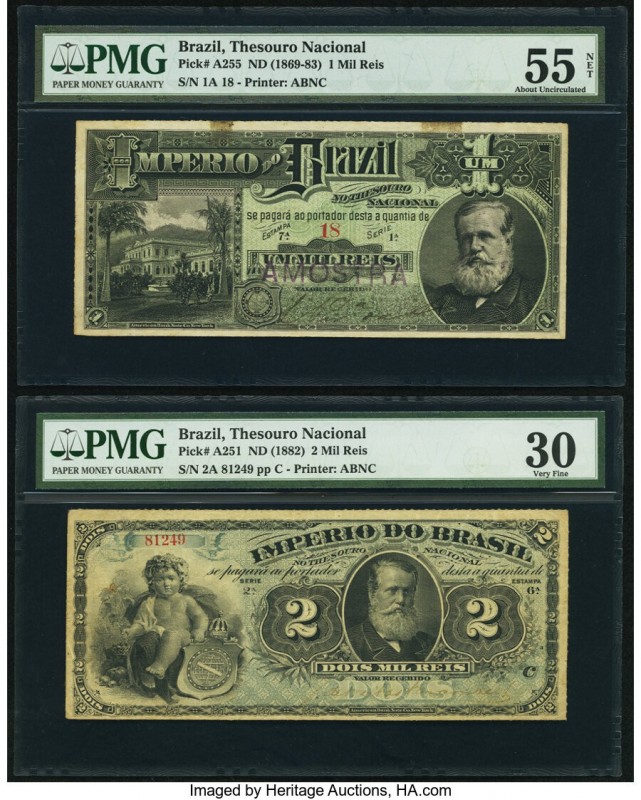 Brazil Thesouro Nacional 1 Mil Reis; 2 Mil Reis ND (1869-83); ND (1882) Pick A25...