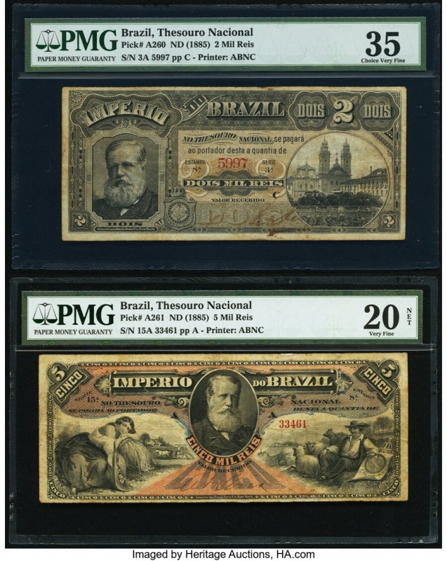 Brazil Thesouro Nacional 2 Mil Reis; 5 Mil Reis ND (1885) Pick A260; A261 Two Ex...