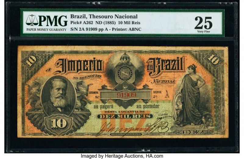 Brazil Thesouro Nacional 10 Mil Reis ND (1885) Pick A262 PMG Very Fine 25. Kingd...