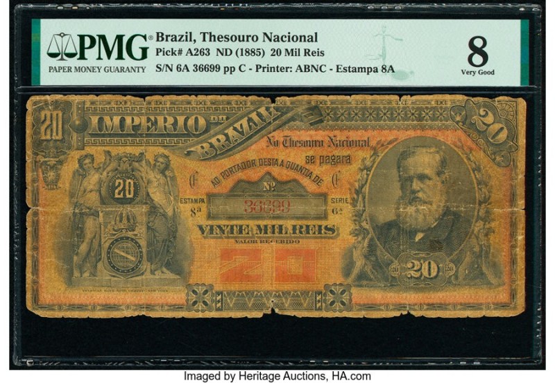 Brazil Thesouro Nacional 20 Mil Reis ND (1885) Pick A263 PMG Very Good 8. This h...