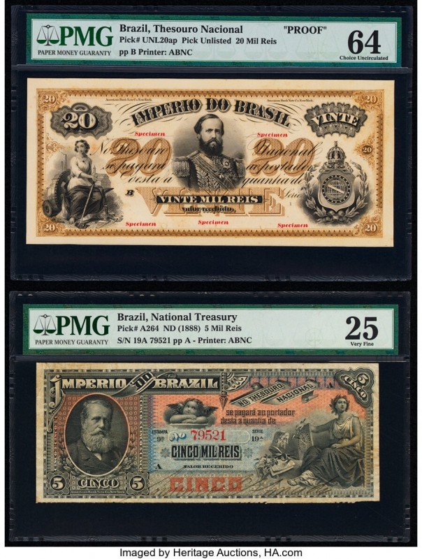 Brazil Thesouro Nacional 20 Mil Reis; 5 Mil Reis ND; ND (1888) Pick UNL20ap; A26...