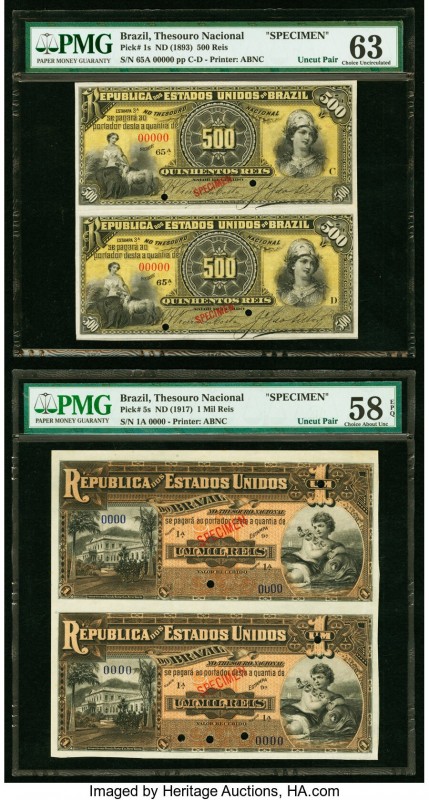 Brazil Thesouro Nacional 500 Reis; 1 Mil Reis ND (1893); ND (1917) Pick 1s; 5s T...
