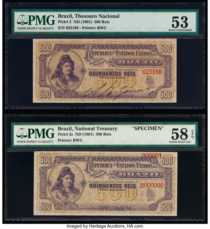 Brazil Thesouro Nacional 500 Reis ND (1901) Pick 2; 2s Issued Note and Specimen ...