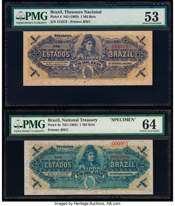 Brazil Thesouro Nacional 1 Mil Reis ND (1902) Pick 4; 4s Issued Note and Specime...