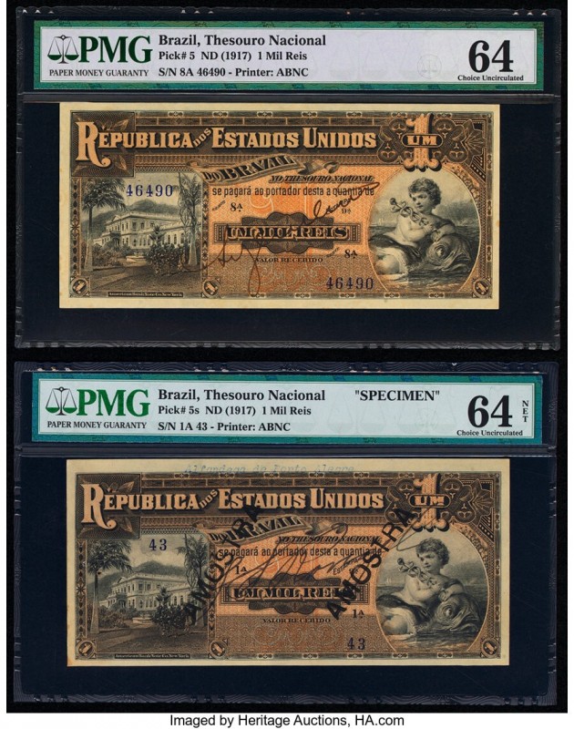 Brazil Thesouro Nacional 1 Mil Reis ND (1917) Pick 5; 5s Issued Note and Specime...