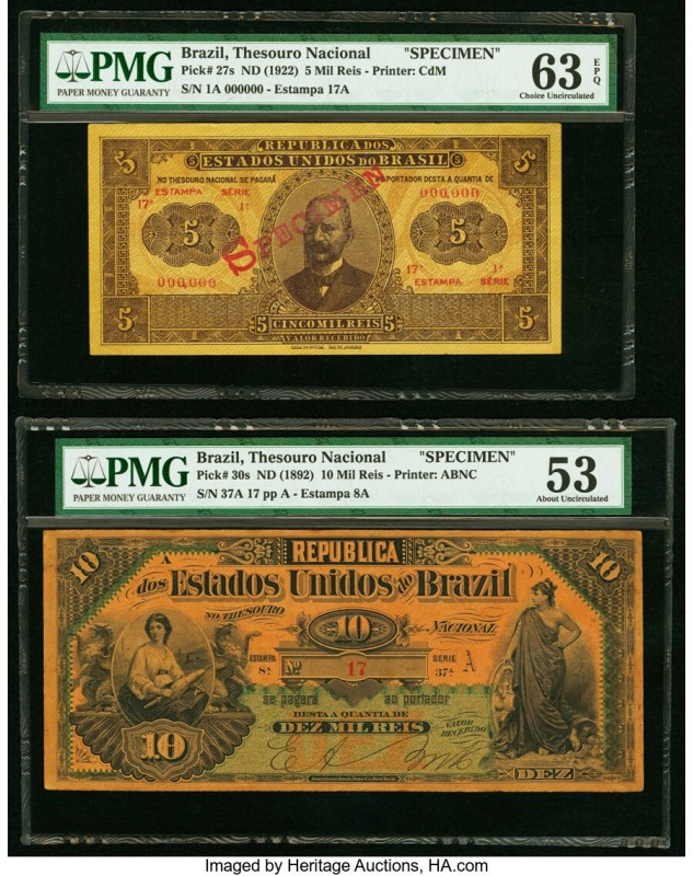 Brazil Thesouro Nacional 5 Mil Reis; 10 Mil Reis ND (1922); ND (1892) Pick 27s; ...