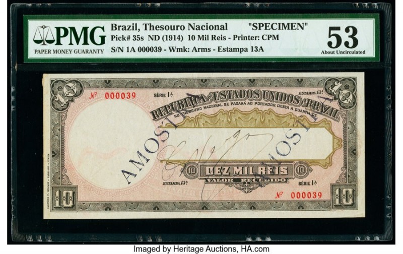 Brazil Thesouro Nacional 10 Mil Reis ND (1914) Pick 35s Specimen PMG About Uncir...
