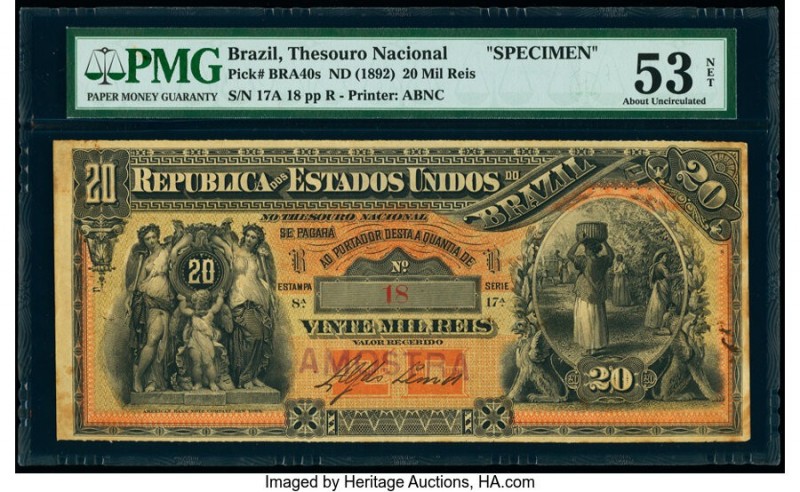 Brazil Thesouro Nacional 20 Mil Reis ND (1892) Pick 40s Specimen PMG About Uncir...