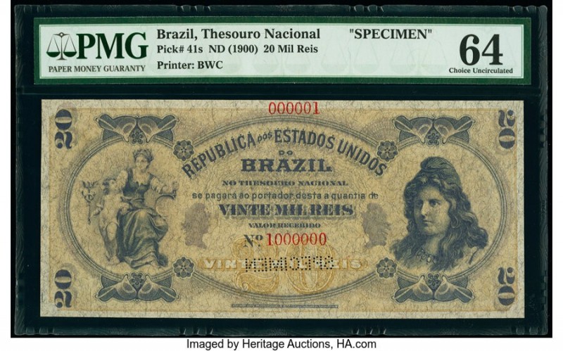 Brazil Thesouro Nacional 20 Mil Reis ND (1900) Pick 41s Specimen PMG Choice Unci...