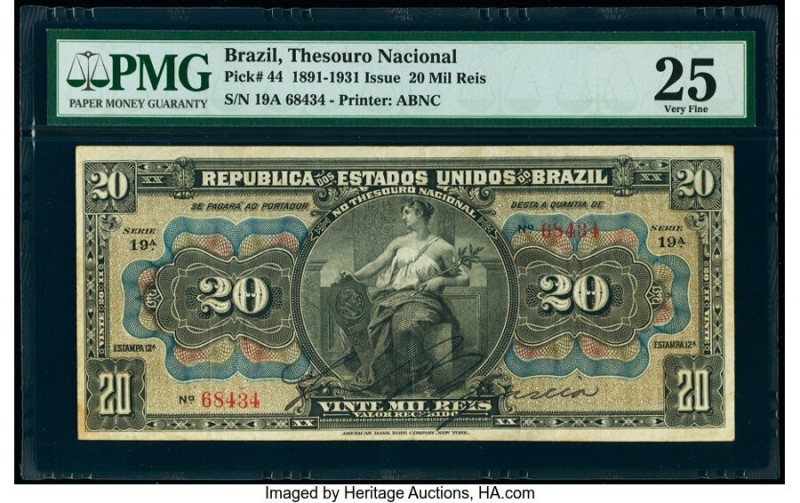 Brazil Thesouro Nacional 20 Mil Reis 1891-1931 Pick 44 PMG Very Fine 25. Tradema...