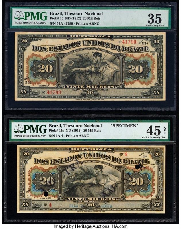 Brazil Thesouro Nacional 20 Mil Reis ND (1912) Pick 45; 45s Issued Note and Spec...