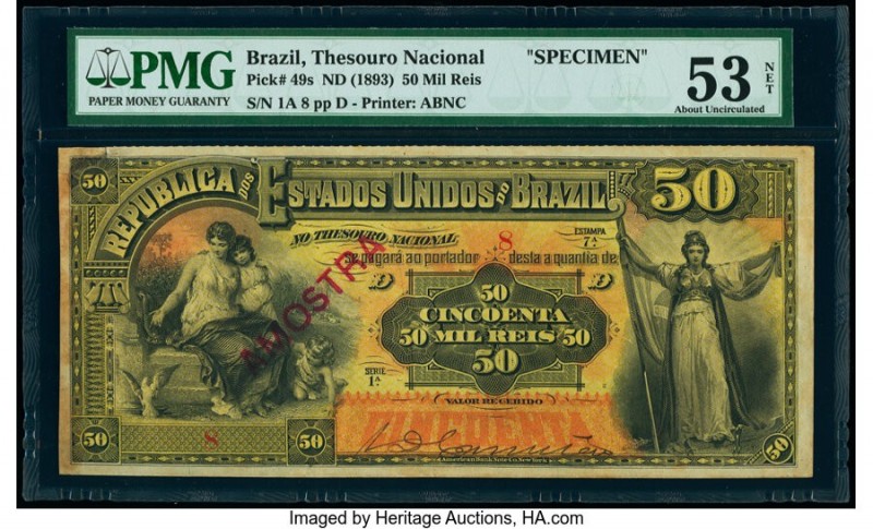 Brazil Thesouro Nacional 50 Mil Reis ND (1893) Pick 49s Specimen PMG About Uncir...