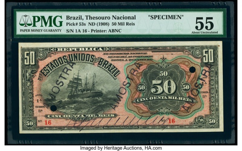 Brazil Thesouro Nacional 50 Mil Reis ND (1908) Pick 53s Specimen PMG About Uncir...