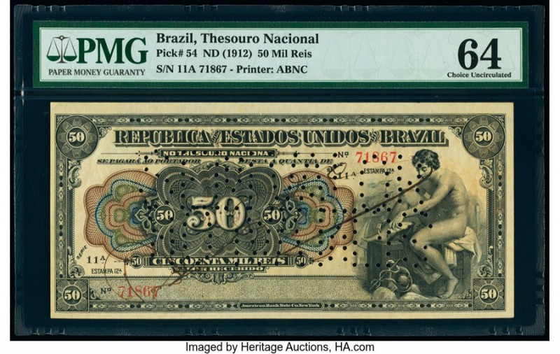 Brazil Thesouro Nacional 50 Mil Reis ND (1912) Pick 54 PMG Choice Uncirculated 6...
