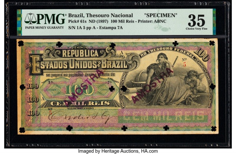 Brazil Thesouro Nacional 100 Mil Reis ND (1897) Pick 61s Specimen PMG Choice Ver...