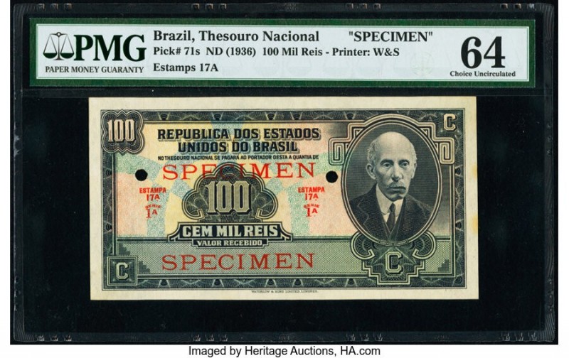 Brazil Thesouro Nacional 100 Mil Reis ND (1936) Pick 71s Specimen PMG Choice Unc...