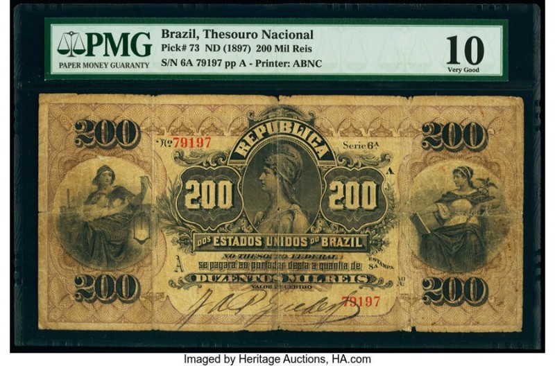 Brazil Thesouro Nacional 200 Mil Reis ND (1897) Pick 73 PMG Very Good 10. Issued...