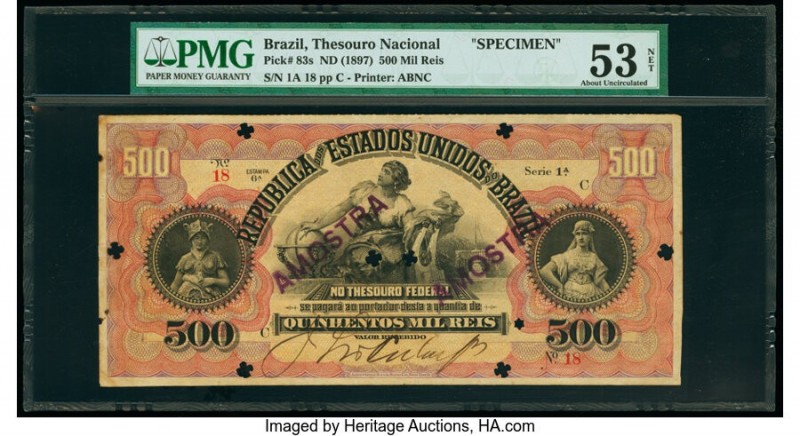 Brazil Thesouro Nacional 500 Mil Reis ND (1897) Pick 83s Specimen PMG About Unci...