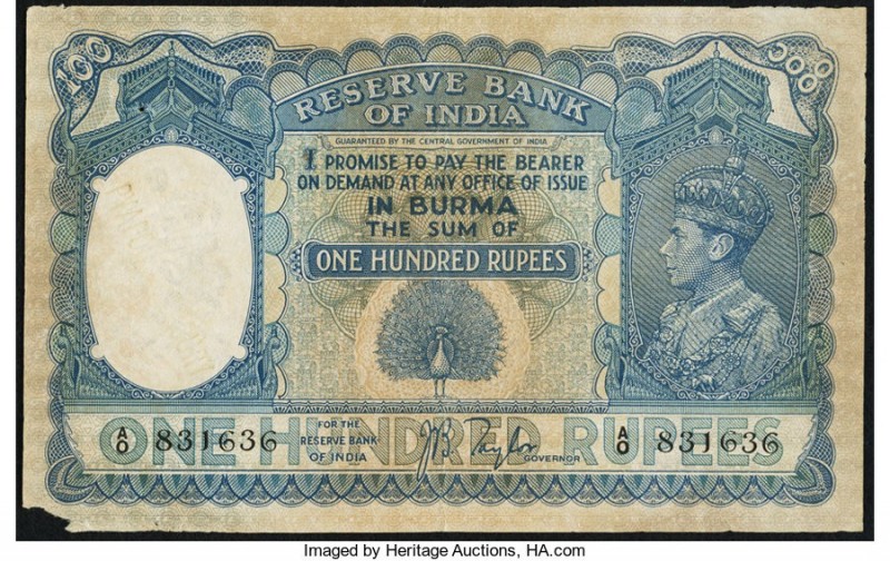 Burma Reserve Bank of India 100 Rupees ND (1939) Pick 6 Jhunjhunwalla-Razack 6.1...