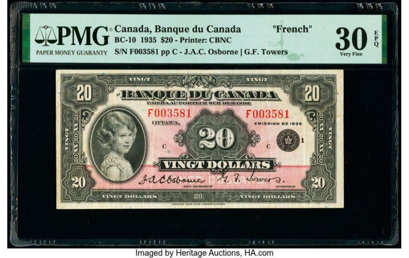 Canada Bank of Canada $20 1935 BC-10 PMG Very Fine 30 EPQ. The scarcer French ex...