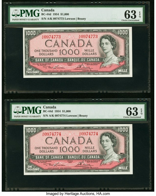 Canada Bank of Canada $1000 1954 BC-44d Two Consecutive Examples PMG Choice Unci...