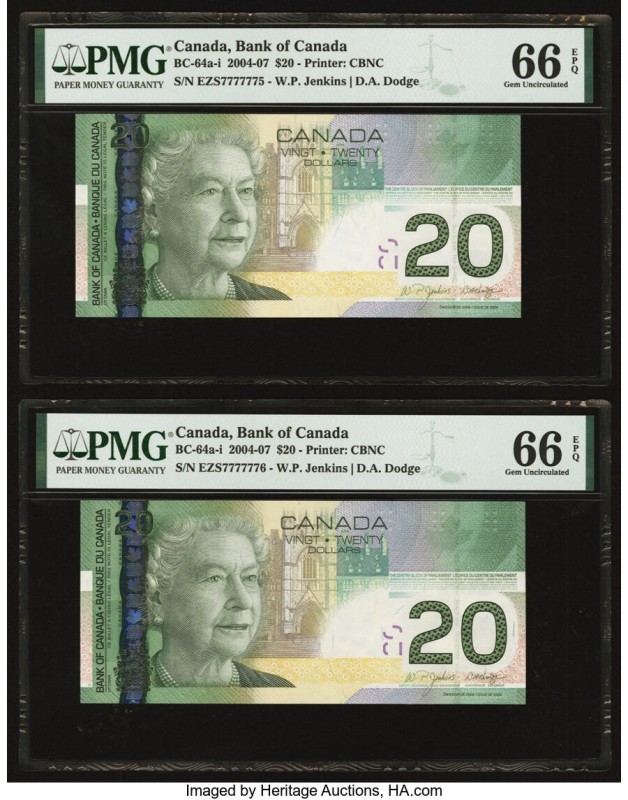 Consecutive Run with Solid Serial Number 7s Canada Bank of Canada $20 2006 BC-64...