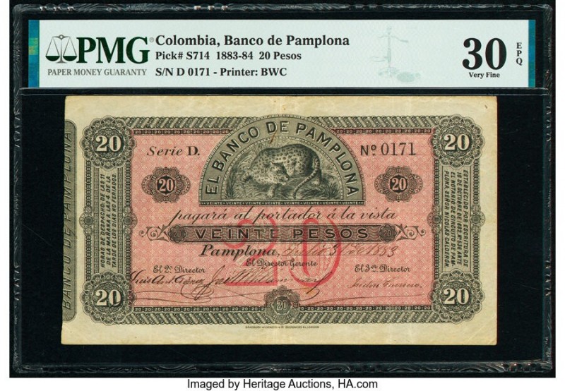 Colombia Banco de Pamplona 20 Pesos 31.7.1883 Pick S714 PMG Very Fine 30 EPQ. Th...