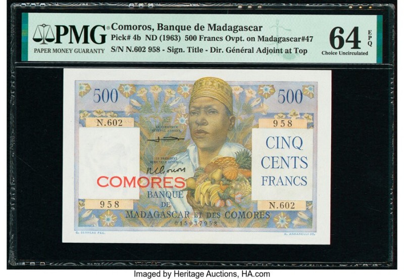 Comoros Banque de Madagascar et des Comores 500 Francs ND (1963) Pick 4b PMG Cho...