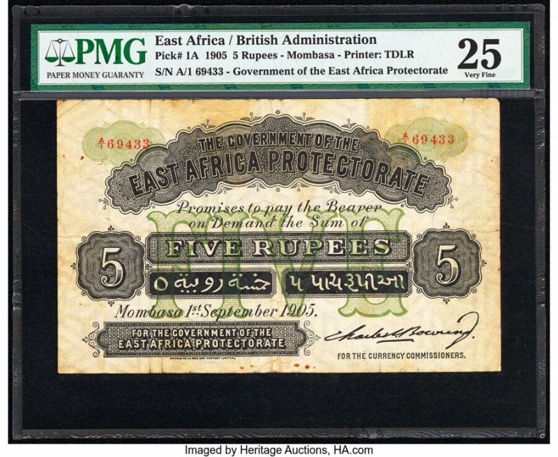 East Africa Government of the East Africa Protectorate 5 Rupees 1.9.1905 Pick 1A...