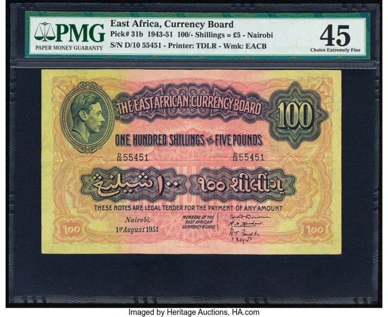 East Africa East African Currency Board 100 Shillings = 5 Pounds 1.8.1951 Pick 3...