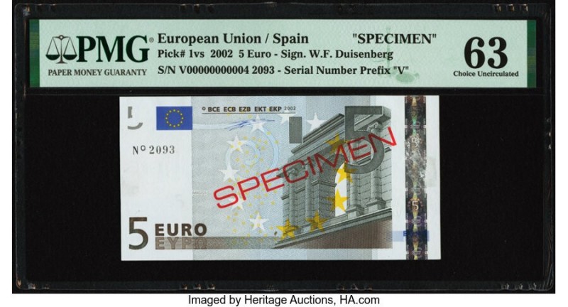 European Union Central Bank, Spain 5 Euro 2002 Pick 1vs Specimen PMG Choice Unci...