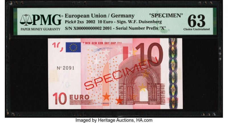 European Union Central Bank, Germany 10 Euro 2002 Pick 2xs Specimen PMG Choice U...