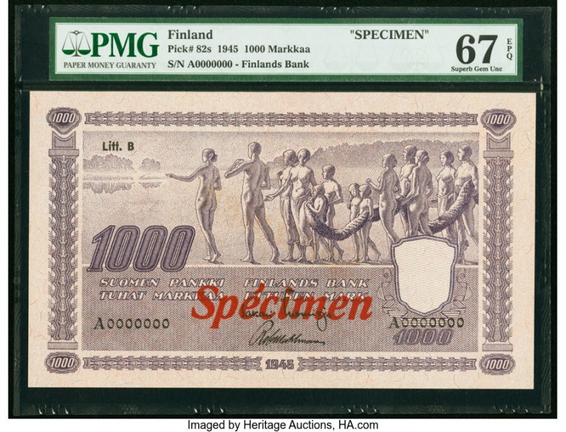 Finland Finlands Bank 1000 Markkaa 1945 Pick 82s Specimen PMG Superb Gem Unc 67 ...