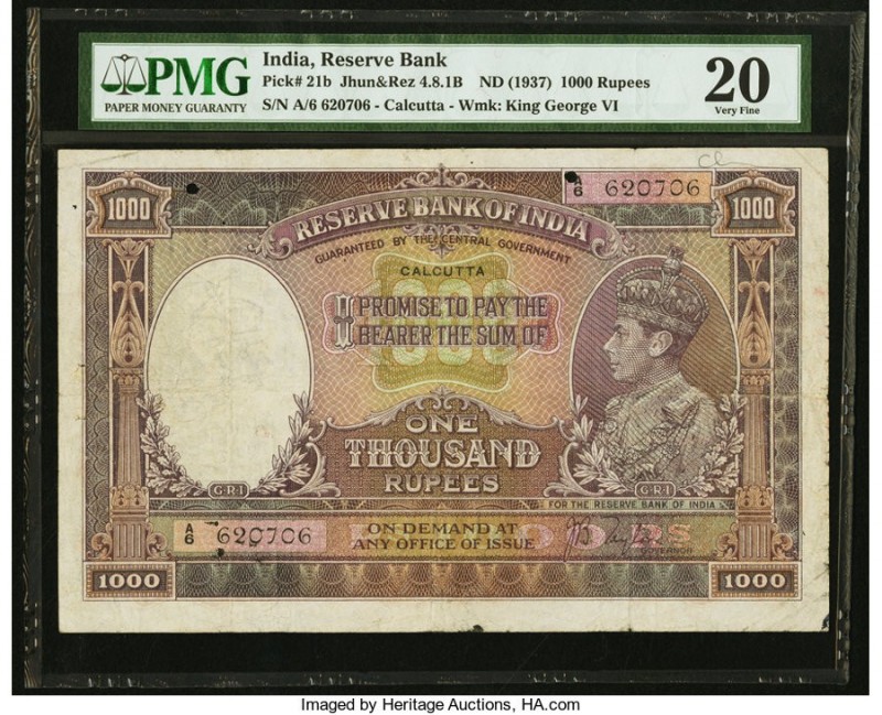 India Reserve Bank of India, Calcutta 1000 Rupees ND (1937) Pick 21b Jhunjhunwal...