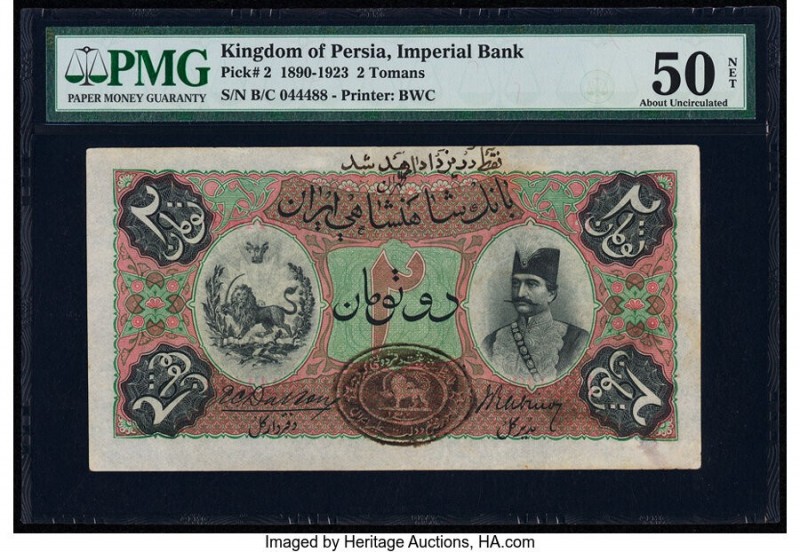 Iran Kingdom of Persia, Imperial Bank 2 Tomans 1890-1923 Pick 2 PMG About Uncirc...