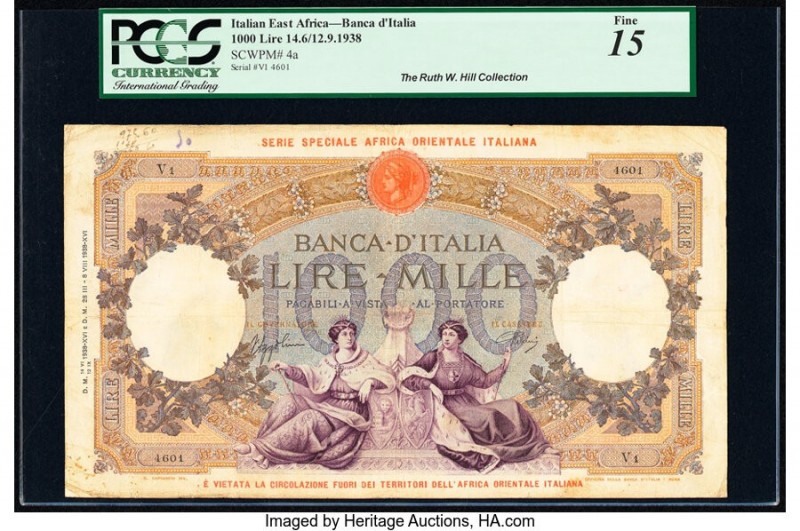 Italian East Africa Banca d'Italia 1000 Lire 12.9.1938 Pick 4a PCGS Fine 15. Thi...