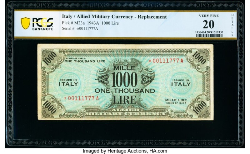 Italy Allied Military Currency 1000 Lire 1943A Pick M23a* Replacement PCGS Bankn...