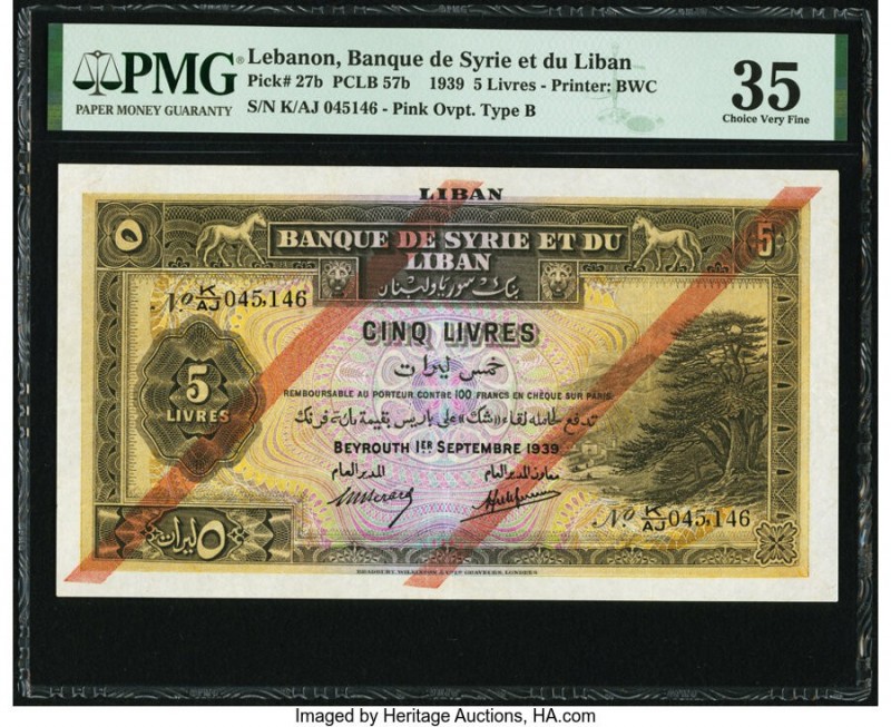 Lebanon Banque de Syrie et du Liban 5 Livres 1.9.1939 Pick 27b PMG Choice Very F...