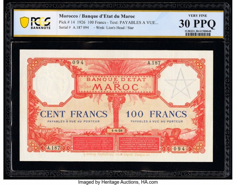 Morocco Banque d'Etat du Maroc 100 Francs 1.4.1926 Pick 14 PCGS Banknote Very Fi...