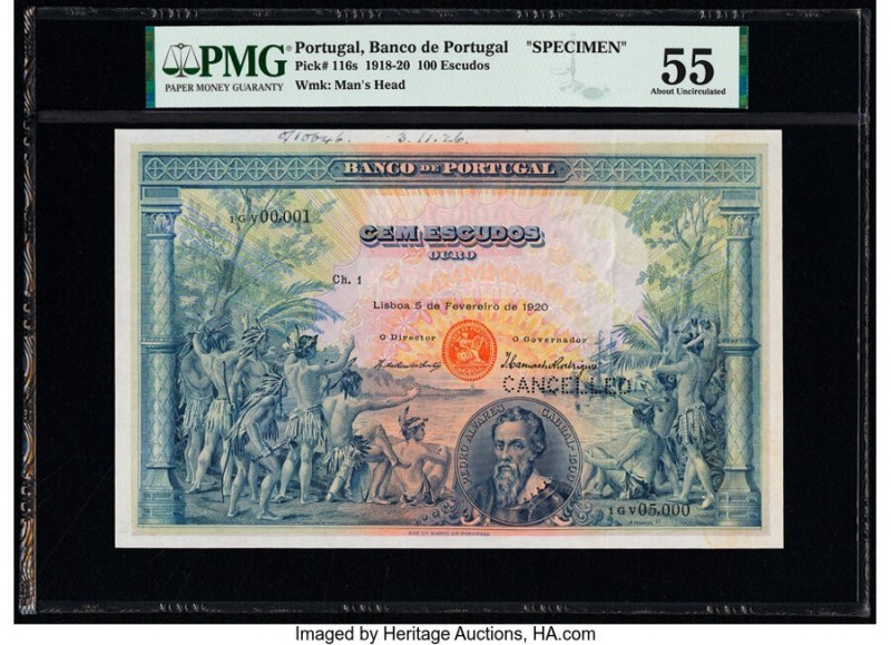 Portugal Banco de Portugal 100 Escudos 5.2.1920 Pick 116s Specimen PMG About Unc...