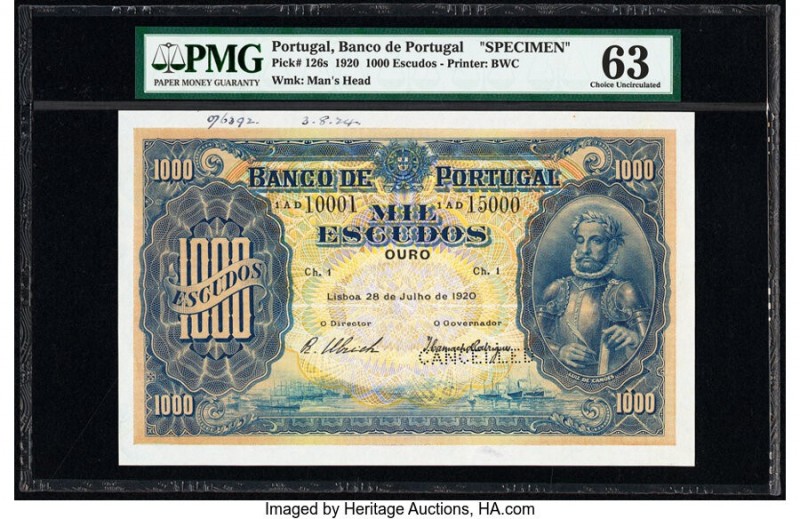 Portugal Banco de Portugal 1000 Escudos 28.7.1920 Pick 126s Specimen PMG Choice ...