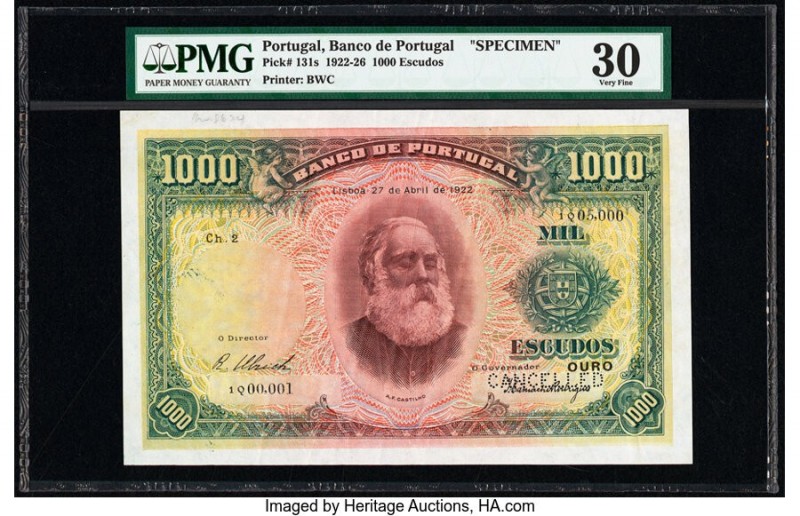 Portugal Banco de Portugal 1000 Escudos ND (1922-6) Pick 131s Specimen PMG Very ...