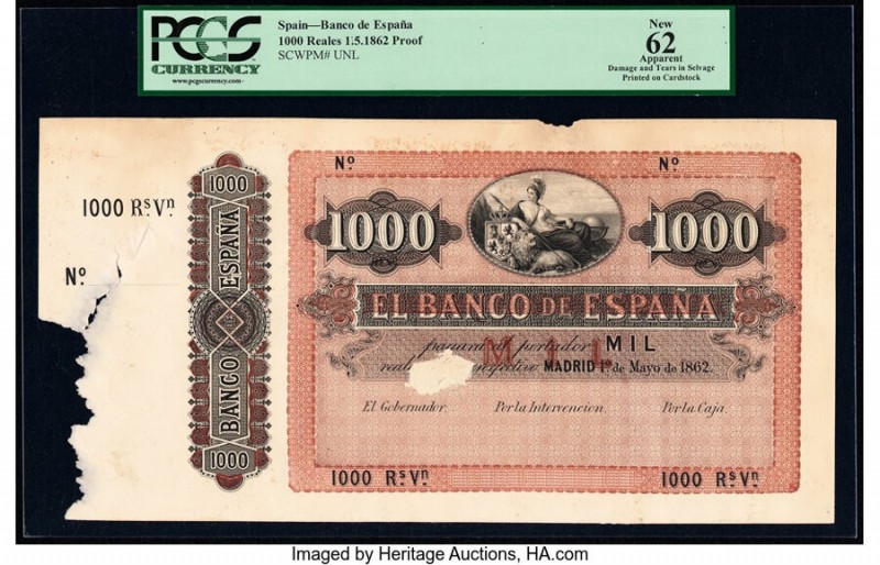 Spain Banco de Espana 1000 Reales de Vellon 1.5.1862 Pick UNL Proof PCGS Apparen...