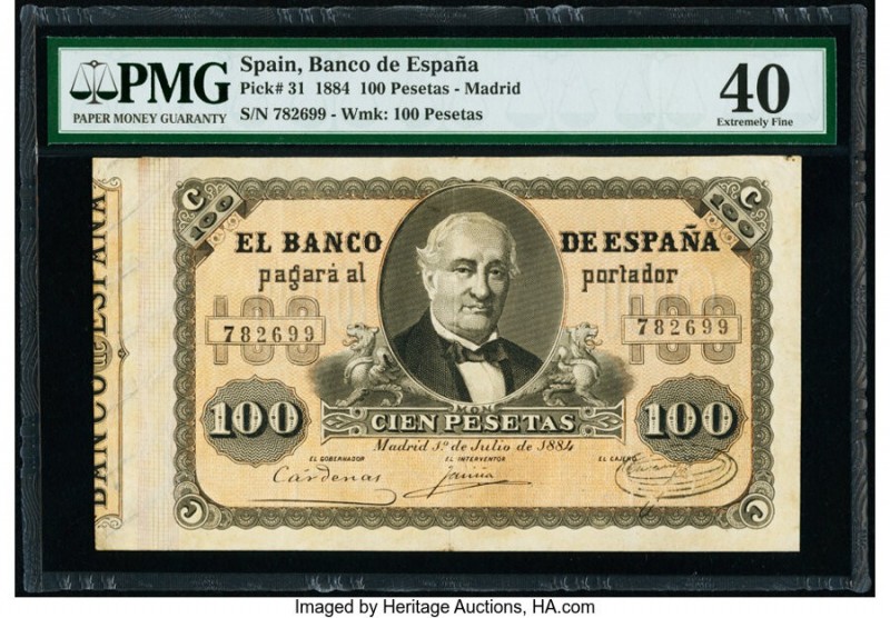 Spain Banco de Espana 100 Pesetas 1.7.1884 Pick 31 PMG Extremely Fine 40. Spanis...